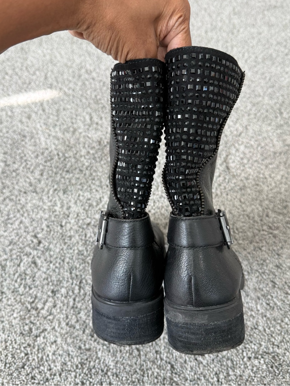 Gianni Bini Black Leather Rhinestones Combat Moto Pull On Boots Women’s US 9M - Picture 5 of 15